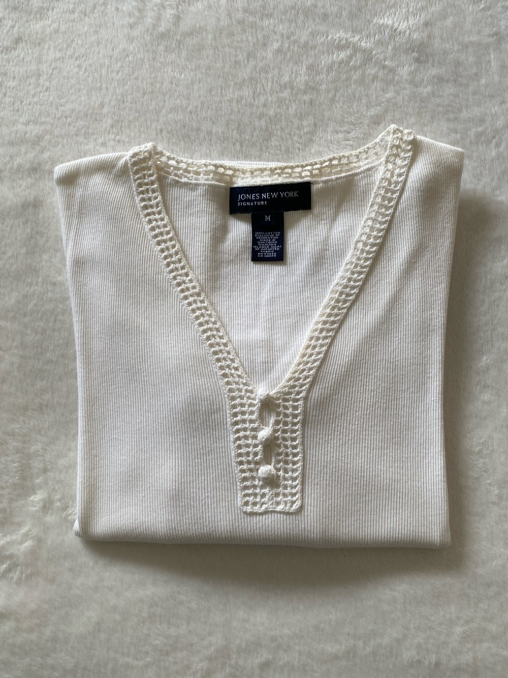 Jones New York Cream Crochet-Trim V-Neck Top